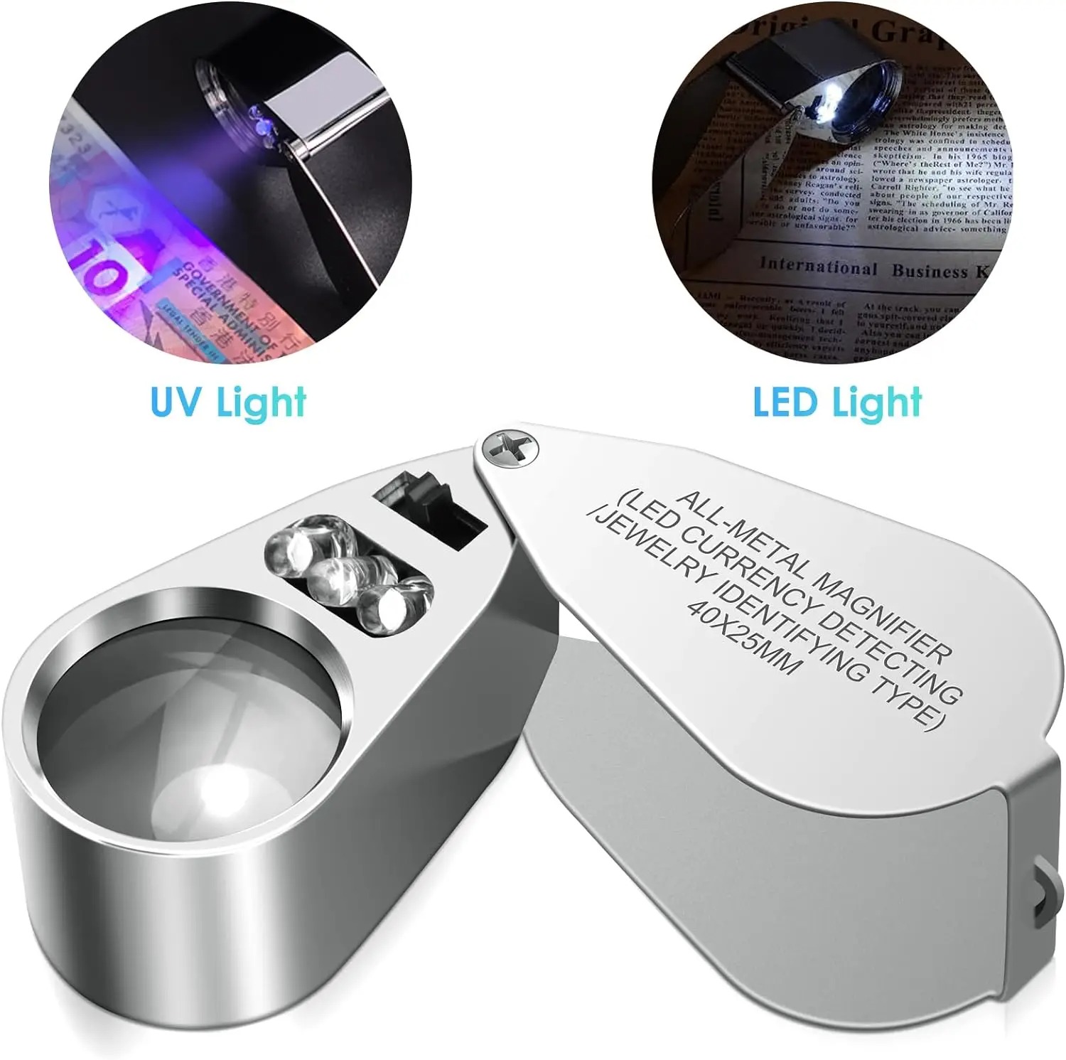 Body Jewelry Repair - 40倍照明付きルーペ拡大鏡、LED UVライト付き光学ガラス金属ボディ、宝石鑑定や時計修理用