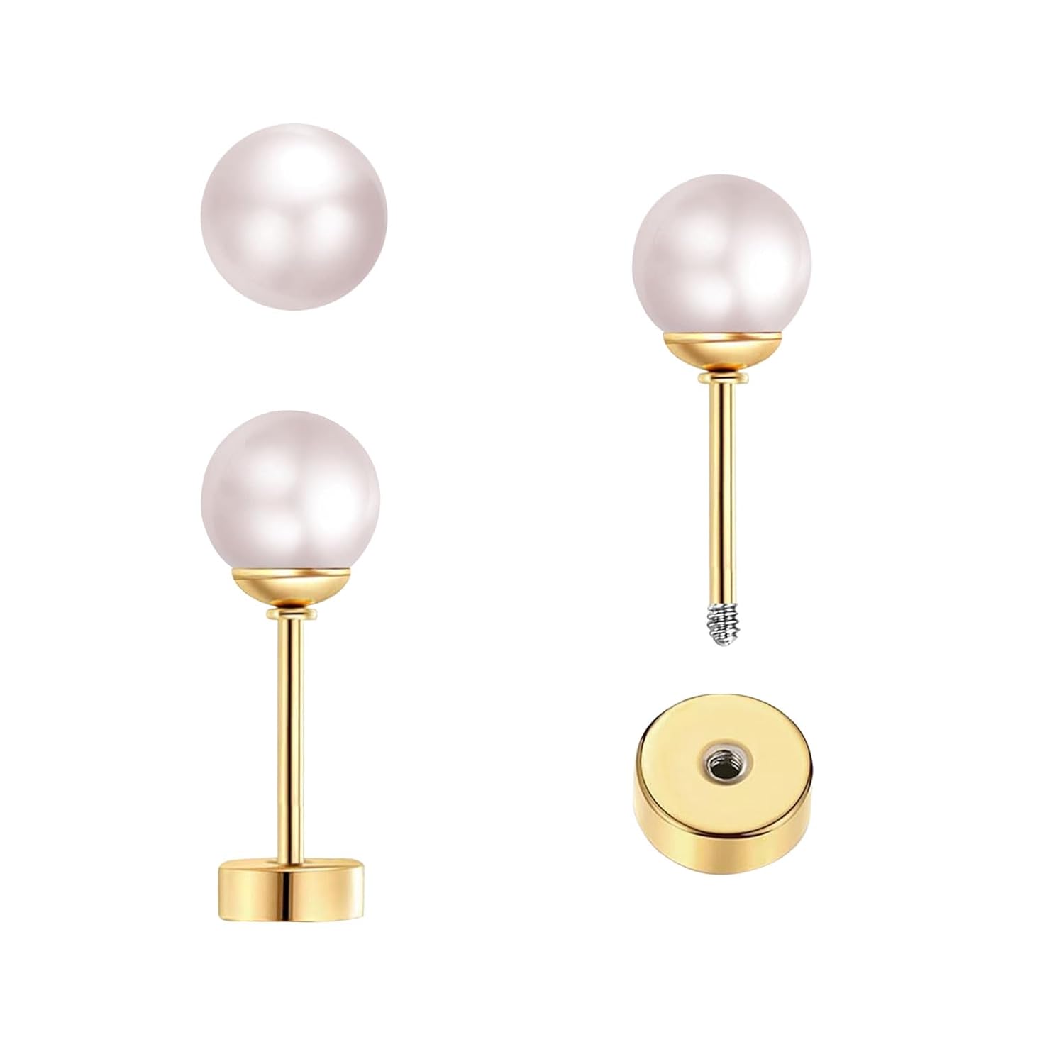 3 ペアの小さなパールスタッドピアス フラットスクリューバッ - Body Jewelry Surgical Steel のレビューと価格